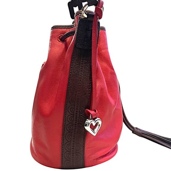 Brighton Orange Red Leather Drawstring Bucket Bag Purse with Fringe - Picture 7 of 13